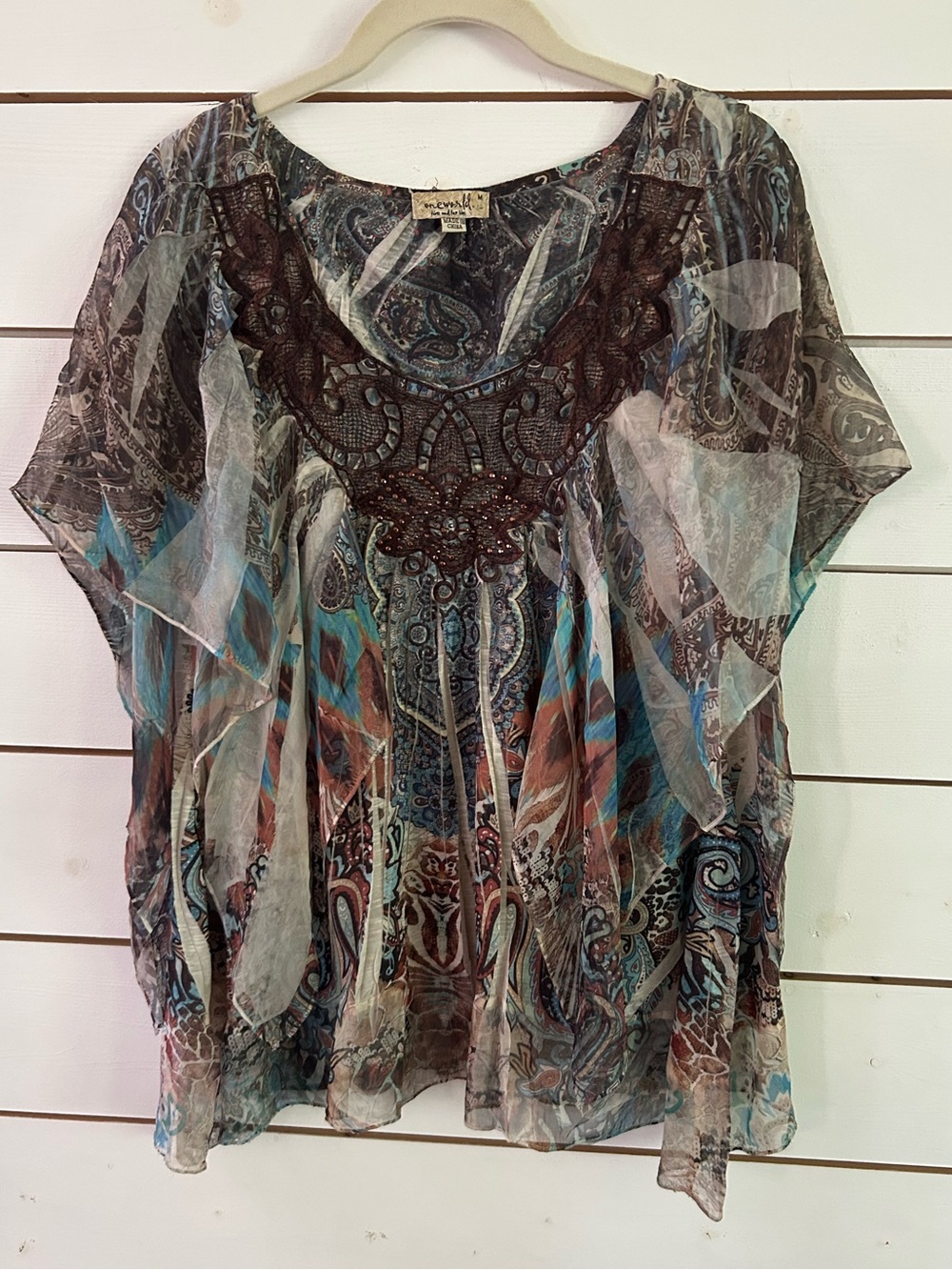 One World Women’s Medium Embellished Boho Multicolor Short Sheer Sleeve Top